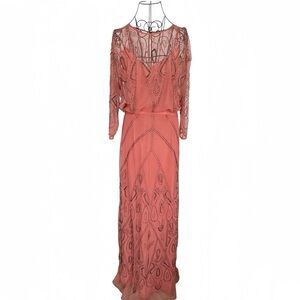 Intropia Embellished Maxi Dress EU 42 Coral Beaded Crystal Sheer Overlay Luxury